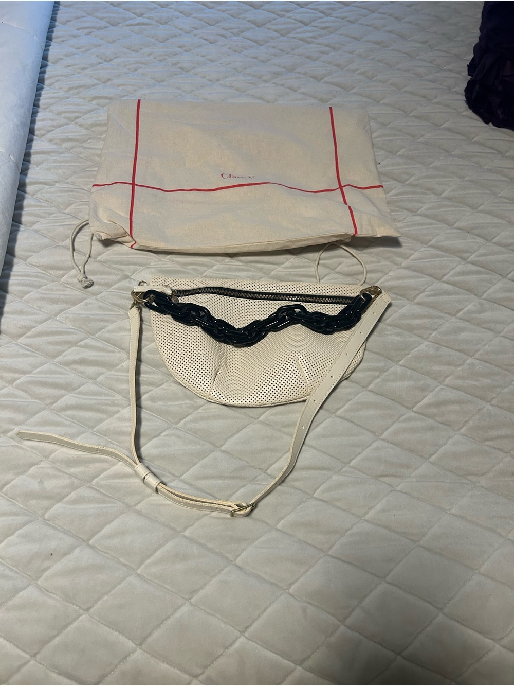 Clare V Grande Fanny in Cream Perforated with black shortie strap EUC!